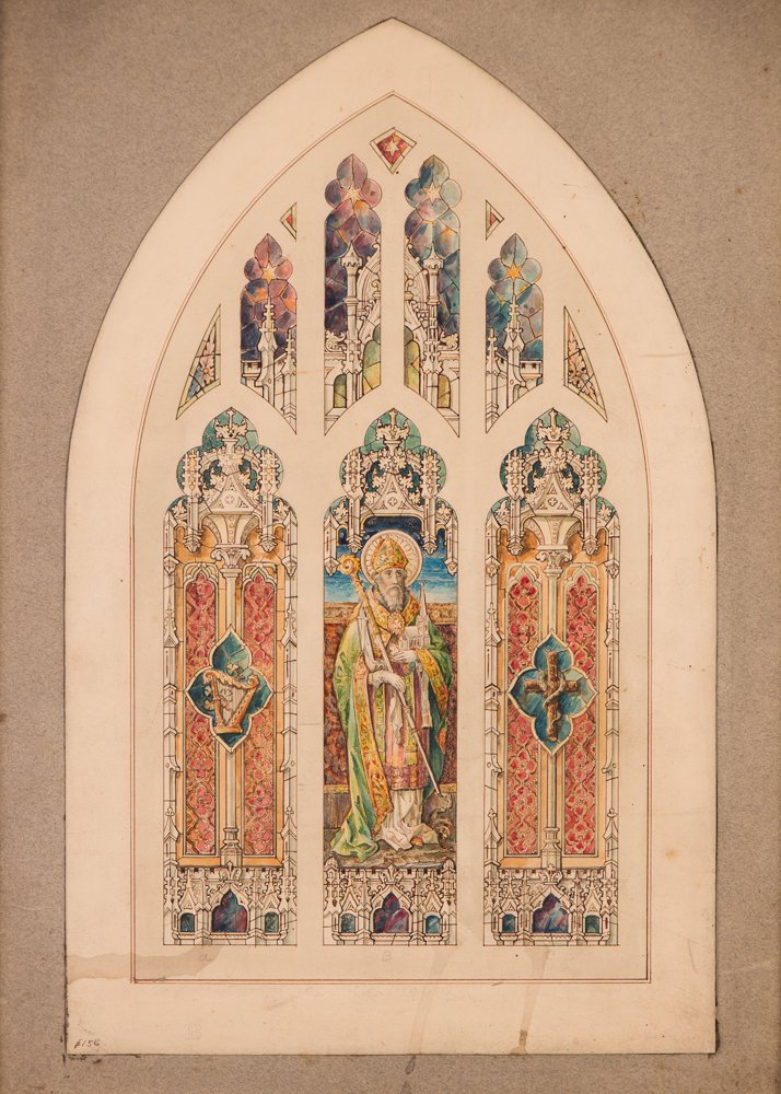 Leo Frohe Stained Glass Study: Artist: Frohe, Leo (19th/20th Century Buffalo, NY) Title: Study for Stained Glass with St. Patrick Medium: watercolor on paper Dimensions: 15 x 8.5 inches (irregular) Signature: numbered 157 in lower 