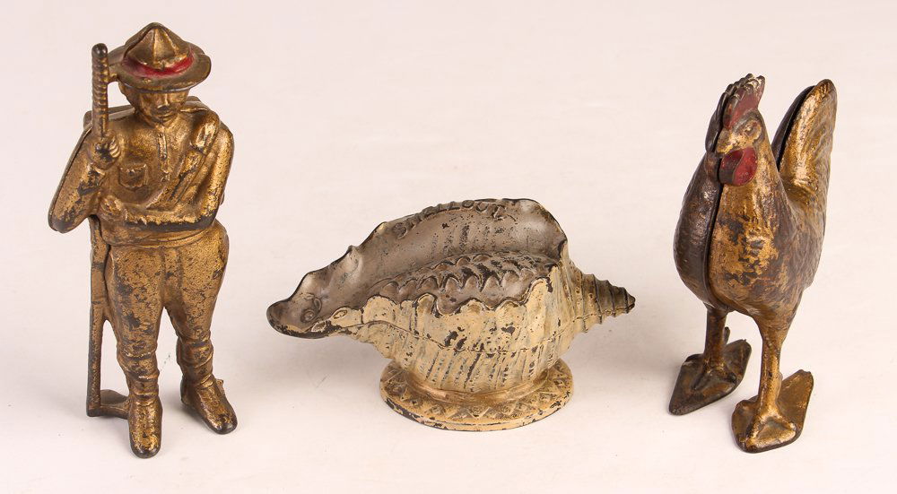 3 Cast Iron Still Banks, Boy Scout, Rooster, Conch (1 of 6)