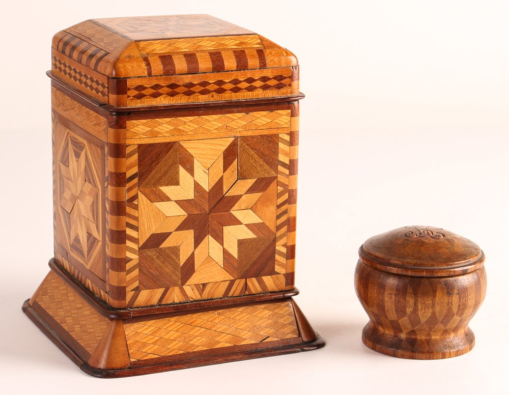 Fine Star Marquetry Tea Caddy with Lidded Spice Vessel (1 of 7)