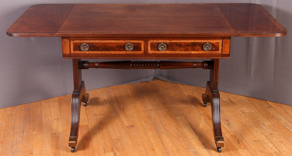 Adjustable Baker Furniture Two Drawer Writing Table: Artist: Baker Furniture, In Style of Duncan Phyfe Title: Adjustable Baker Furniture Two Drawer Writing Table, In Style of Duncan Phyfe MAH. W Inlays, with Two Leaves on Edges, Medium: wood, veneer/par
