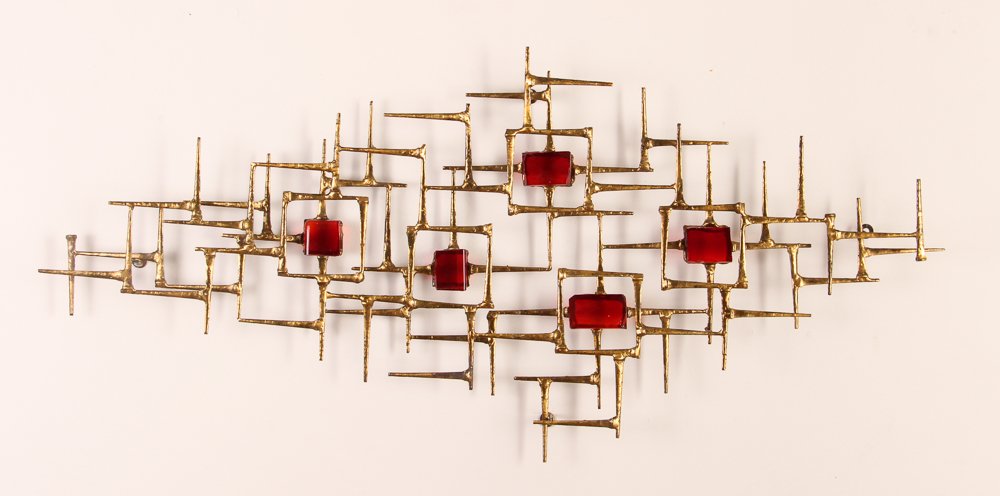 Jere Style Nail Sculpture: Artist: Jacob Title: Jere Style Nail Sculpture Date: dated 1975 Medium: iron, gilt, plastic resin Dimensions: 20.5 x 43.5 x 3 inches Signature: incised signature Jacob and dated 75