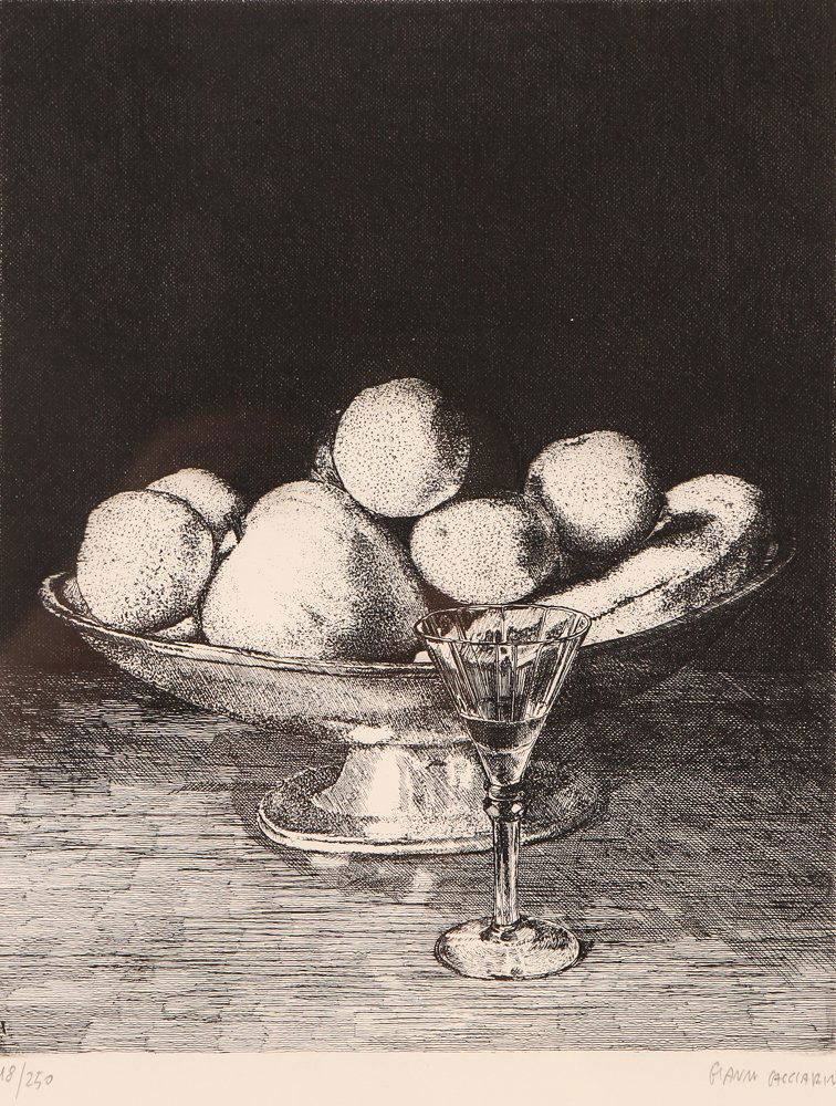 4 Gianni Cacciarini Etchings: Artist: Cacciarini, Gianni (Italian, b. 1941) Title: Musica, Fruit Bowl, The Rose and the Ring, Francine's Leaves Medium: etching Dimensions: 9 x 7.25 inches and the reverse, and slightly smaller Edit
