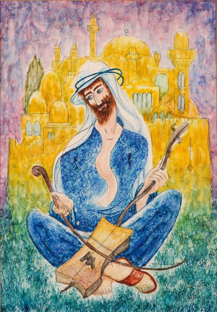 Zvi Livni watercolor "Musician Outside Jerusalem" (1 of 6)