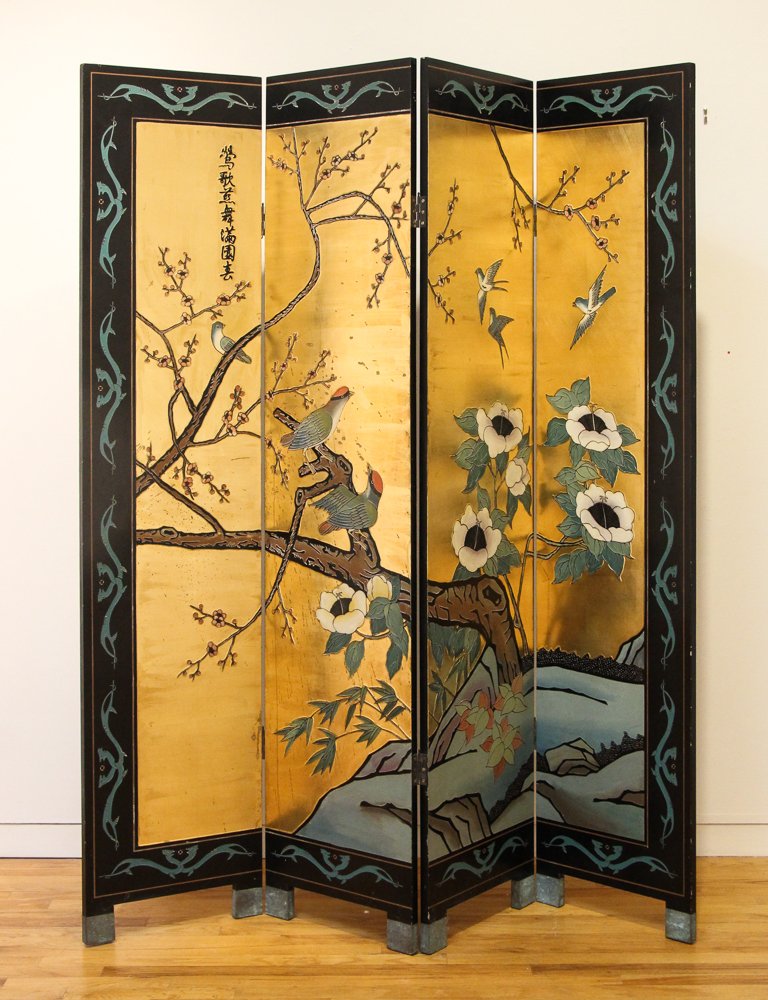 4 Panel Chinese Lacquered Gold-Ground Folding Screen (1 of 10)
