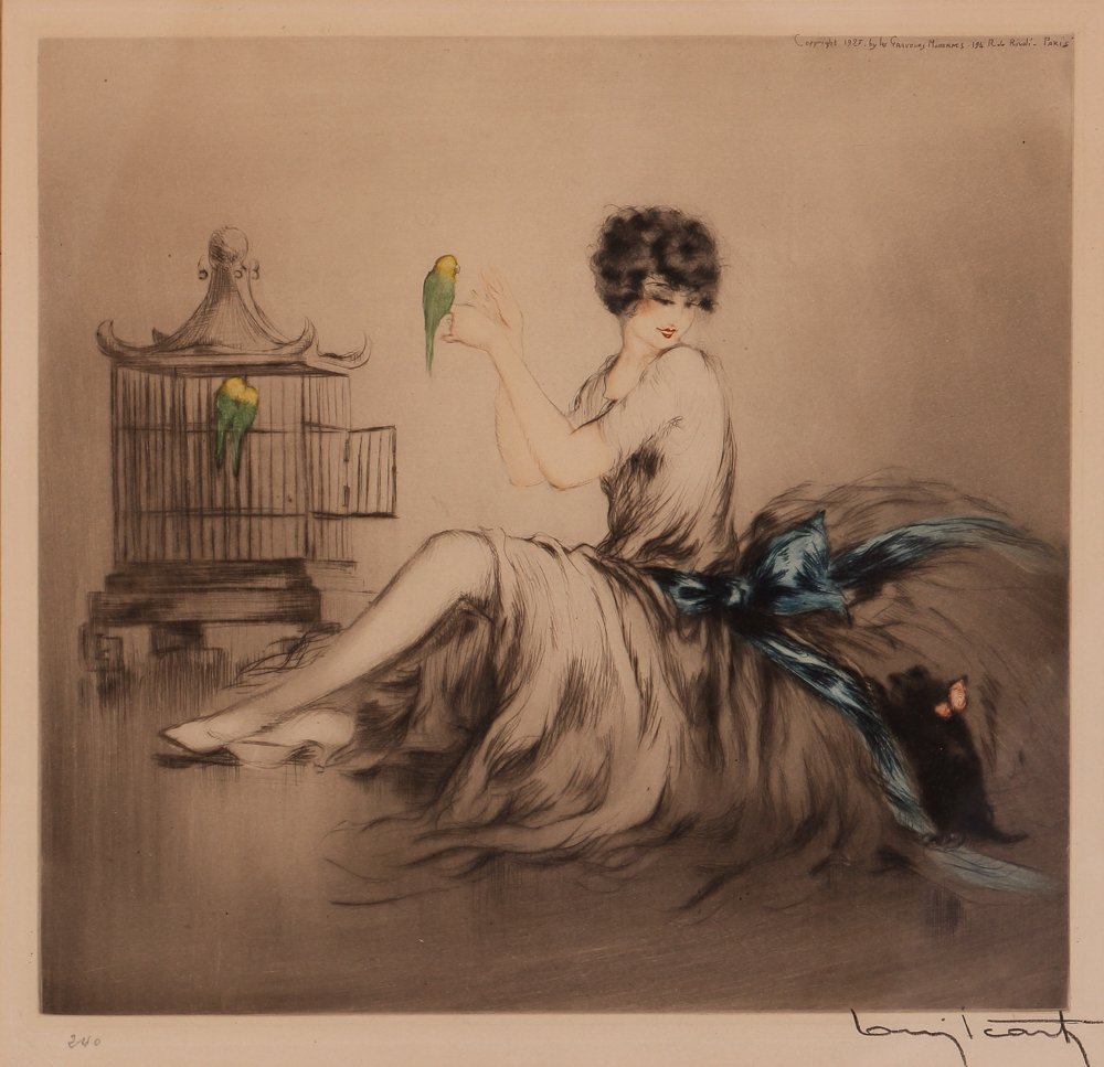 Louis Icart Colored Etching Woman with Dog and Parrots (1 of 6)