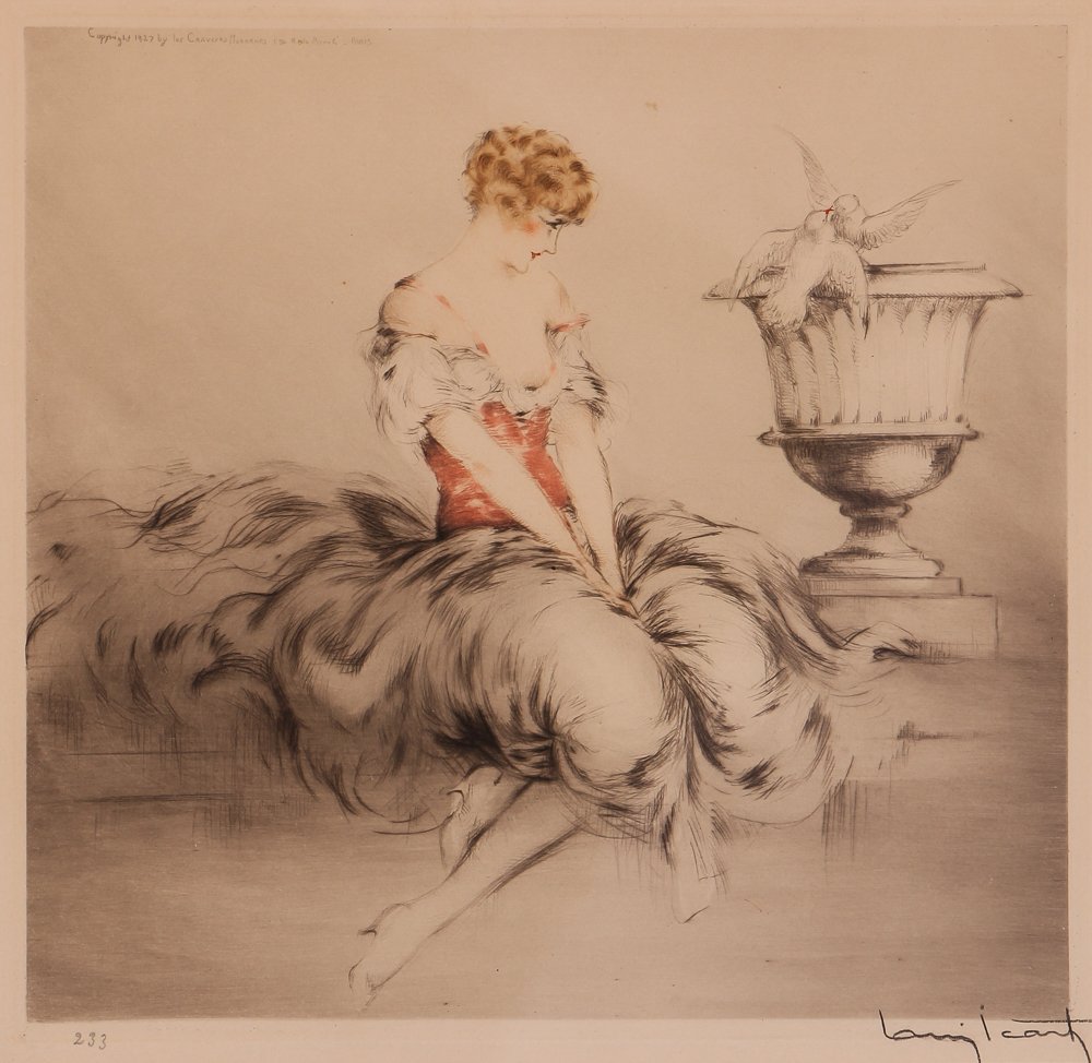 Louis Icart Colored Etching Woman with Doves (1 of 6)