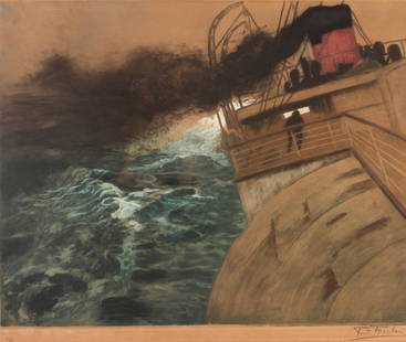 Frits Thaulow h/c etching "Freighter Steaming on Stormy: Artist:Thaulow, Frits (Norwegian 1847-1906) (Aliases: Fritz Thaulau; Fritz Thaulow; Johan Fredrik Thaulow) Title:Freighter Steaming on Stormy Seas Date:early 20th Century Medium:hand colored etching