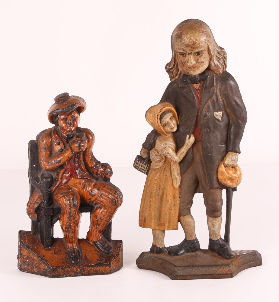 Collection of English Figural Cast Iron Wedge Doorstops: Artist:various Title:Collection of English Figural Cast Iron Wedge Doorstops, including: Mr Peggotty & Little Agnes, Tavern Patron, London Royal Mail Carriage, and Coach Date:c. early 20th century Med