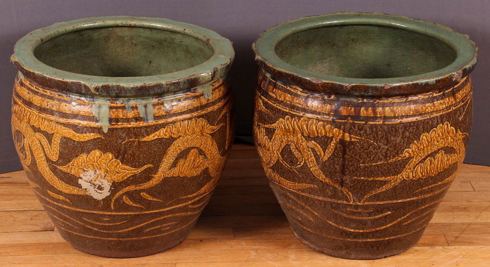 Pair of Dragon Motif Earthenware Urn Planters (1 of 6)