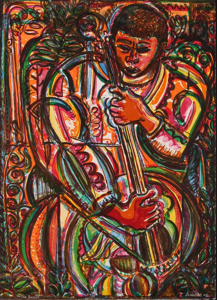 David Driskell 2006 orig lithograph "The Bassist": Artist:Driskell, David C. (American, b.1931) Title:The Bassist Date:2006 Medium:offset lithograph printed in colors Dimensions:29.75 x 21.25 inches Edition:64/80 Signature: