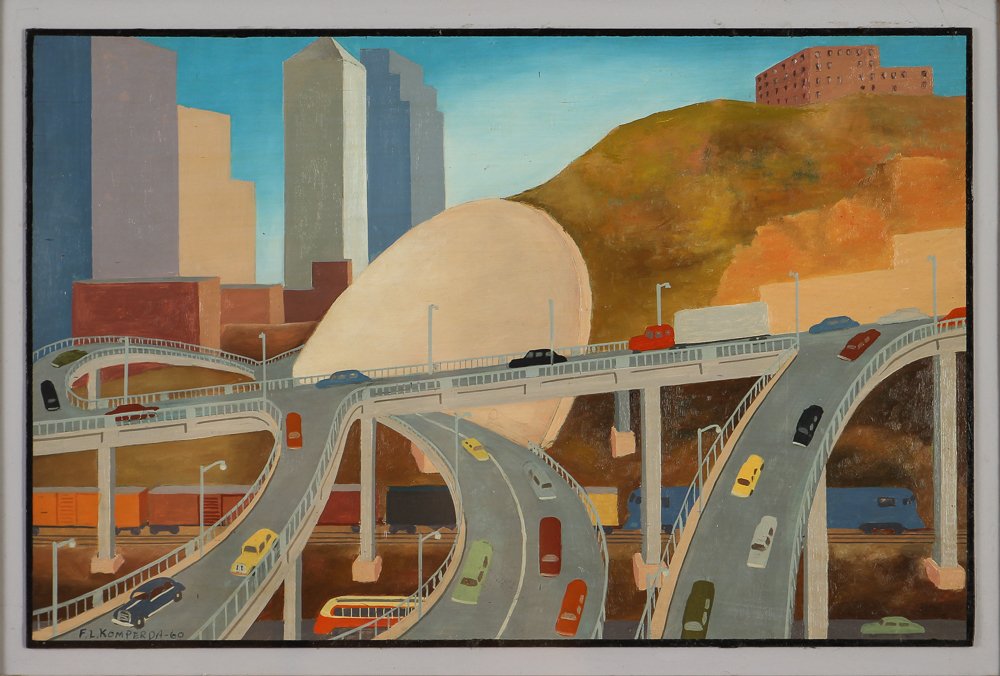 Francis Komperda Cubist View of Pittsburgh "The Bluff": Artist:Komperda, Francis L. (1914 - 1998) Title:The Bluff, Duquesne University Date:1960 Medium:oil on board Dimensions:9 x 14 inches Description:A great cubist view of the highway o