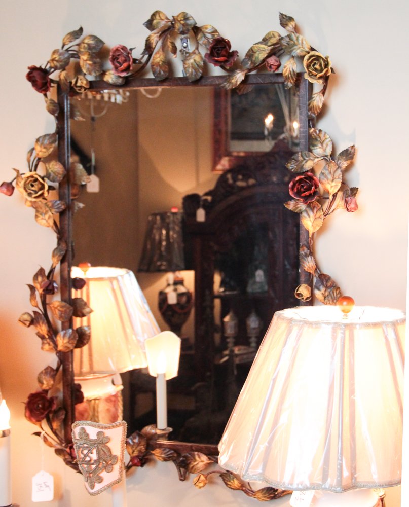 Tole Painted Mirror: Tole Painted Mirror with metal roses, Italian, 38 x 32 inches