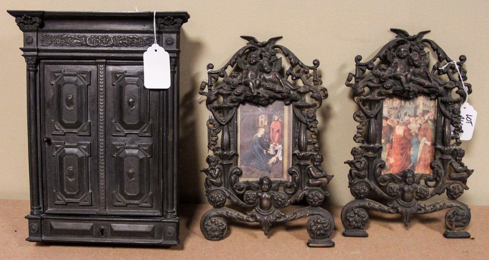 3 Metal Decorative Objects: 3 Metal Decorative Objects, bronze key safe and pair of brass frames, tallest 16 inches