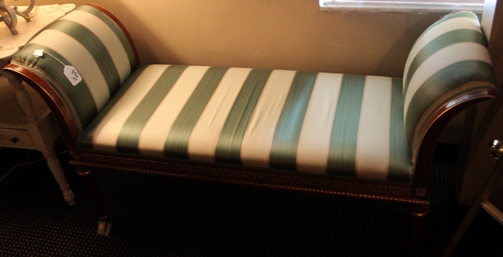 2 Settees in Green Striped Fabric: 2 Settees in Green Striped Fabric, 32 x 54 x 21.5 inches, 29 x 57 x 24 inches
