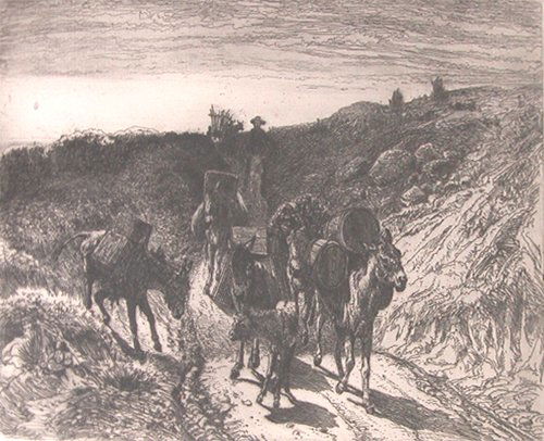 Peter Moran A Burro Train etching: A Burro Train Artist: Moran, Peter (American 1841-1914) a western landscape with burro train in the center Date: Medium: etching Dimensions: 6.5 x 9.5 inches Edition Number: unknown but small edition