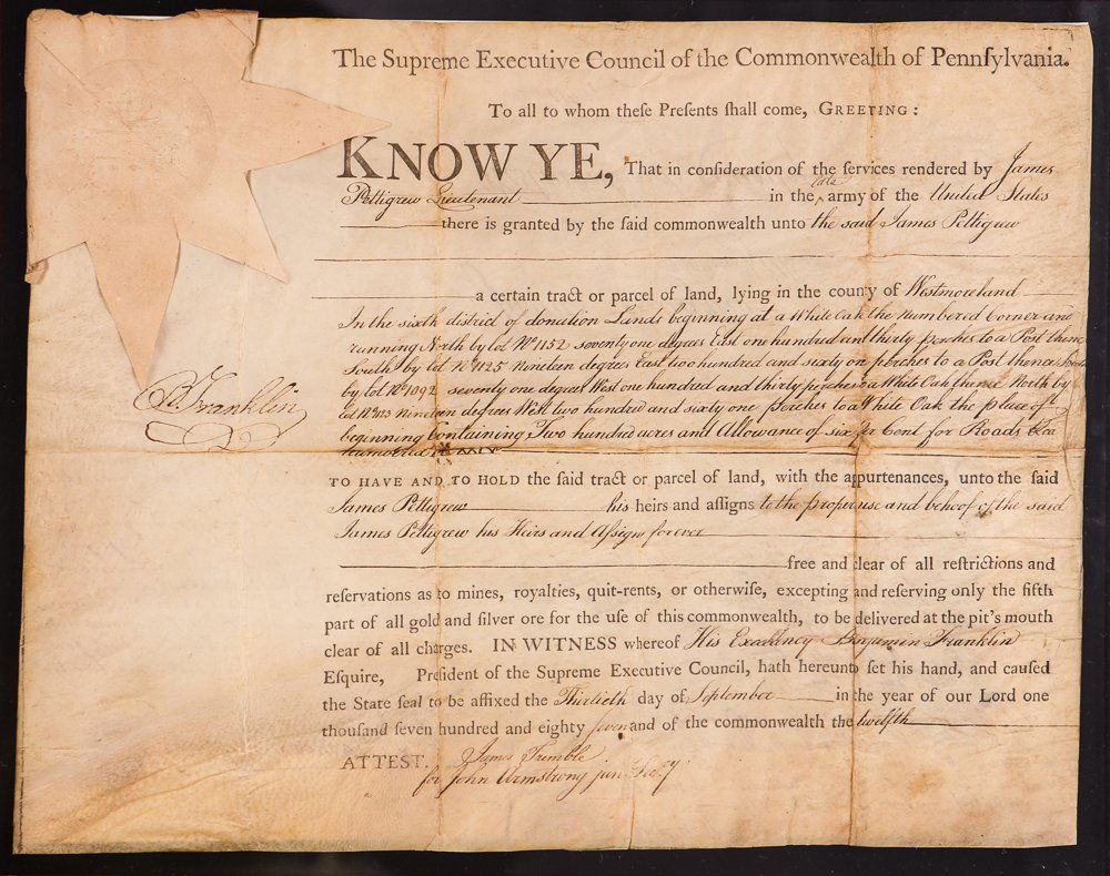 Benjamin Franklin Signed Pa Land Grant Document
