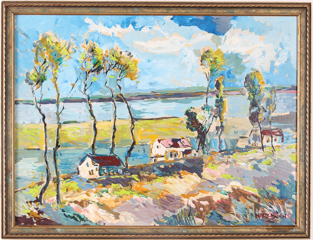 Nate Dunn "Impressionist Landscape" Painting: Dunn, Nate (American, Western PA., 1896 - 1983) "impressionist LANDSCAPE" circa 1960, oil on board, signed lower right, Wunderly Galleries Pittsburgh PA label ., ( Houses along the River, A painterly