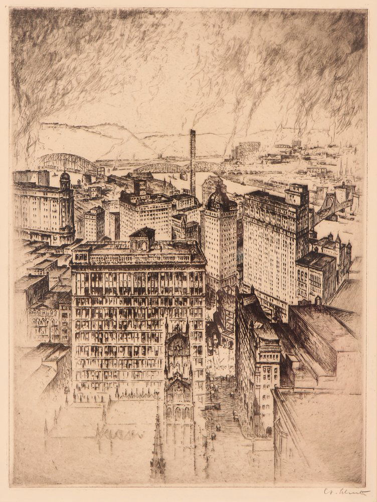 Anton Schutz 1925 etching "Spirit of Pittsburgh"
