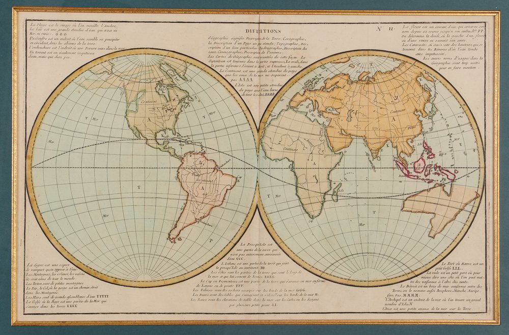 Antique French Double Hemisphere Colored Map of the: Antique French Double Hemisphere Colored Map of the World, colored engraving, various notations throughout, plate: 13 x 20.25, gold frame with blue mat, 22.5 x 29.75 x 1.125 inches