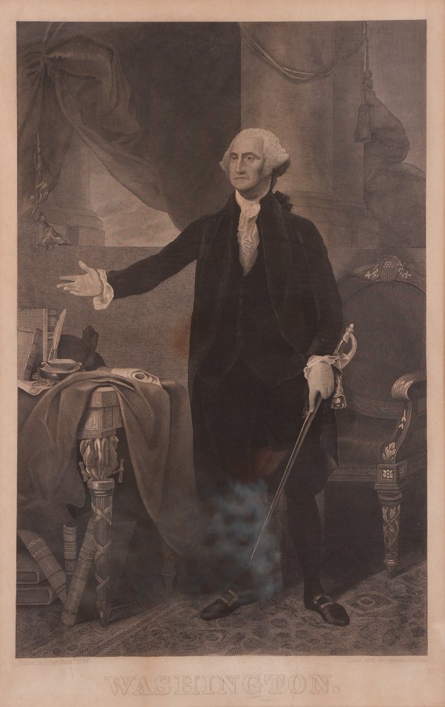 After Gilbert Stuart Steel Engraving of George: Stuart, after Gilbert (American, 1755 - 1828), Early Period Steel Engraving of George Washington, image: 20 x 12.75 inches, distressed frame in mahogany, rough wood backing, 25.25 x 17.5 x 0.75 inches