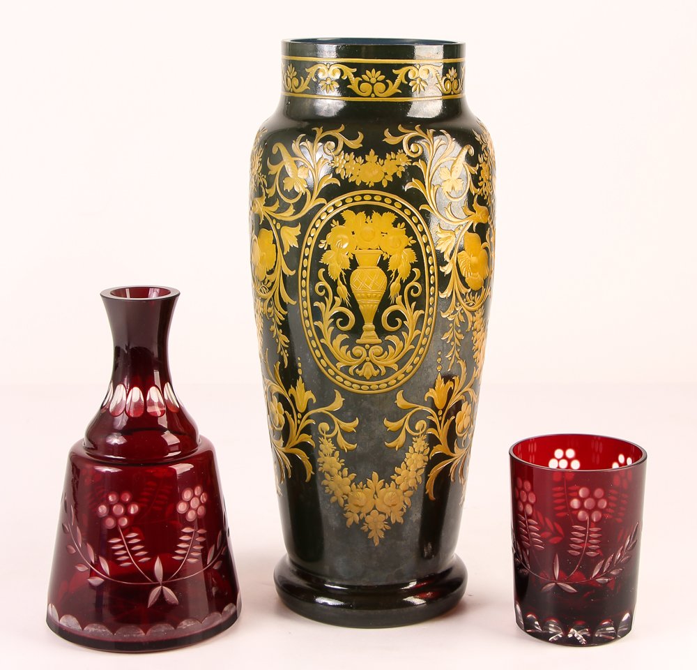 Etched glass vase or lamp base with 2  cranberry glass (1 of 6)