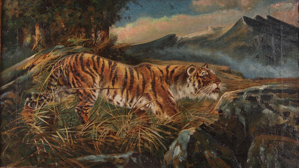 19th Century Asian Oil Painting "Tiger" (1 of 7)