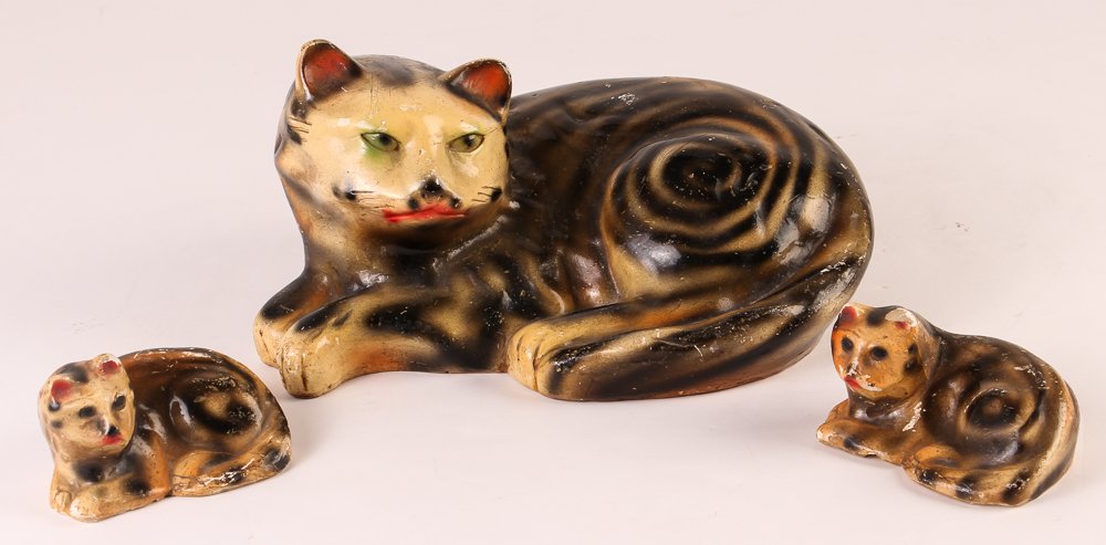 Molded painted plaster cat & kittens: Vintage plaster or composite mold of Tabby cat, 5.75 x 9.5 x 7 inches, and 2 kittens, 2 x 4 x 2.5 inches each