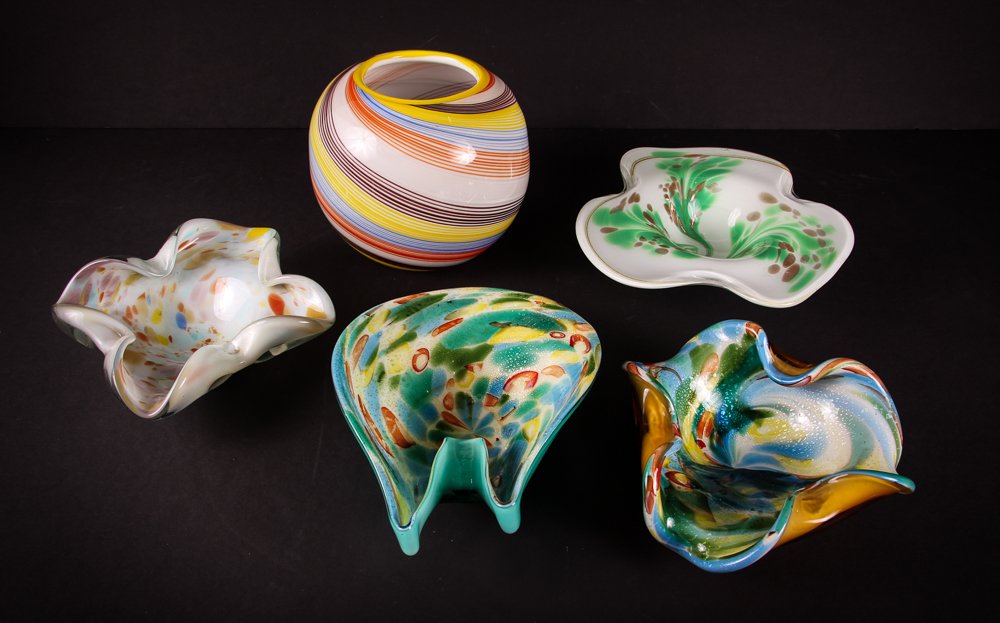 5 Mid Century Polychrome Art Glass Dishes & Vessel (1 of 9)