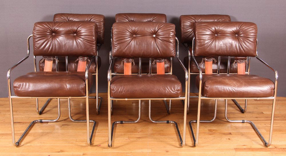 6 Tuchroma Leather and Chrome Chairs by Mariani/Pace: Designer & Manufacturer: Guido Faleschini; Mariani/Pace Collection; unmarked; Country of Origin & Materials: Italy; chromed metal, chocolate toned leather, Provenance: The Estate of Nancy Buncher