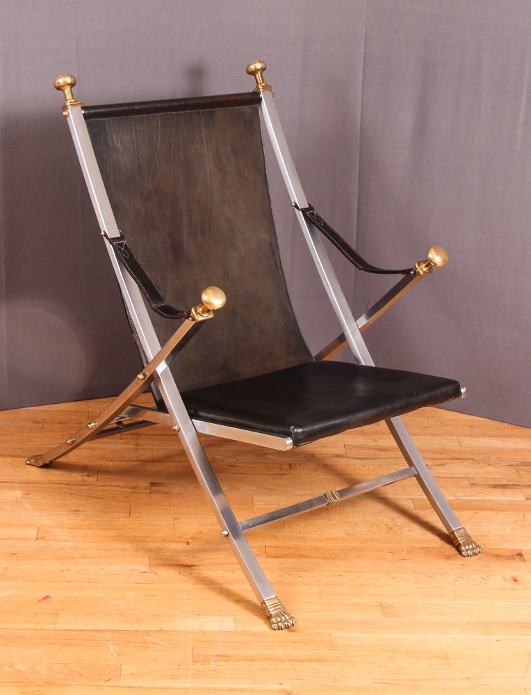 Otto Parzinger for Masion Jansen Neoclassical Campaign: Masion Jansen (Otto Parzinger) (French, Mid 20th Century), Neoclassical Folding Campaign Chair, Italy, circa 1960's, leather with steel frame and gilt bronze finials and feet, 37 x 24.5 x 35 inches