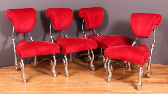 4 Jordan Mozer Iridium Ballet Chairs: MOZER, Jordan (b. 1958), JORDAN MOZER + ASSOCIATES, Four Iridium Ballet Dining Chairs, Chicago, IL, 1993, Cast and polished aluminum, red mohair upholstery, Unmarked' 34" x 21" x 28 1/2" A set of four