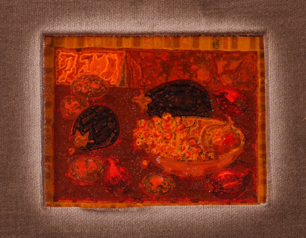 Still Life of Eggplant and other vegetables: 20th Century Modern School, Eggplant Still Life, oil and lacquer on paper, 3 x 4 inches in a much larger frame; Provenance: The Estate of Nancy Buncher