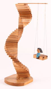 William Accorsi wood sculpture "Twisting Stair Swing": Accorsi, William (American, born 1931) , "Stair Swing" wood paint and string, 13.25 x 8 x 5 inches, signature abraded, Provenance: The Estate of Margaret Raphael, Contemporary American folk artist Wil