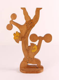 William Accorsi wood sculpture "Circus Strongmen": Accorsi, William (American, born 1931), "Circus Strongmen" (puzzle fit), plywood with painted areas, two pieces 13 x 11 x 3.5 inches, signature abraded, Provenance: The Estate of Margaret Raphael, Con