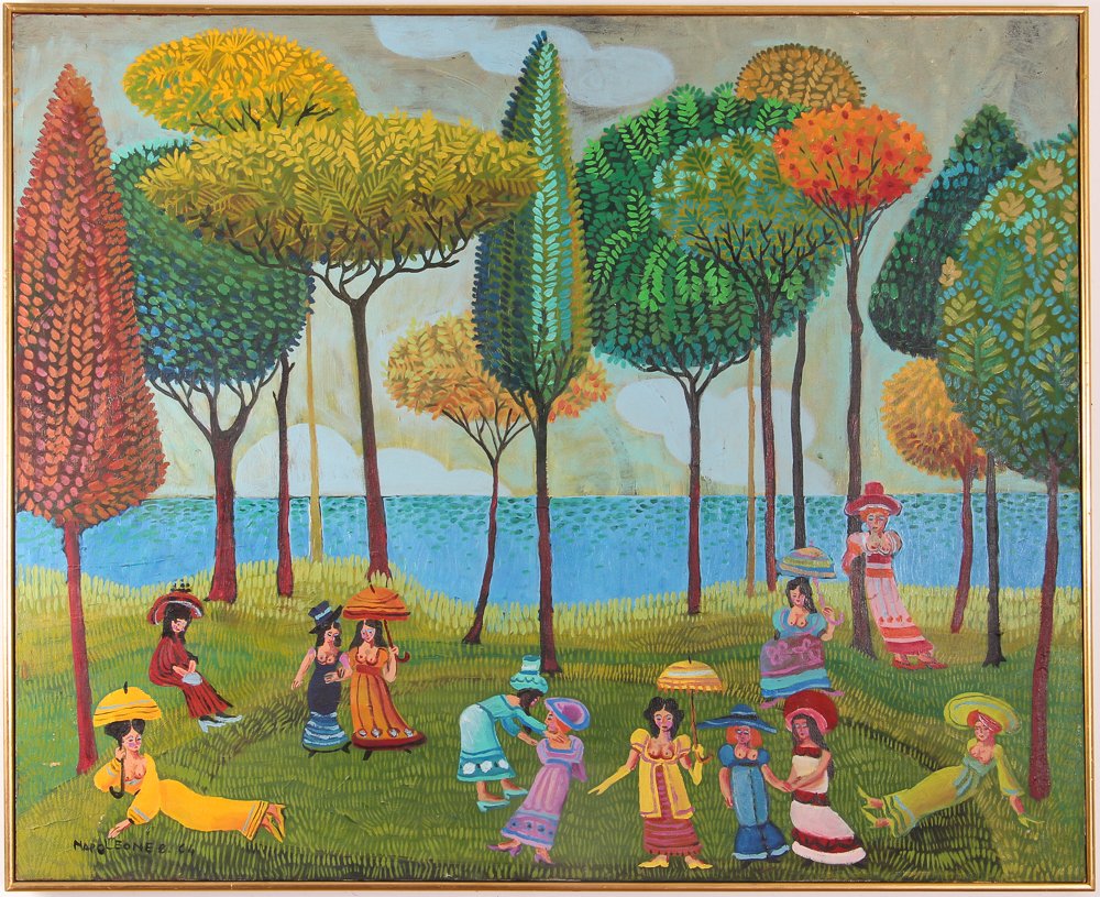 Napoleone Bizzarri 1964 painting. "By The Lake": Bizzarri, Napoleone (20th Century Naïve School), By the lake, 1964, oil on canvas, 30 x 37 inches, Provenance: The Estate of Nancy Buncher
