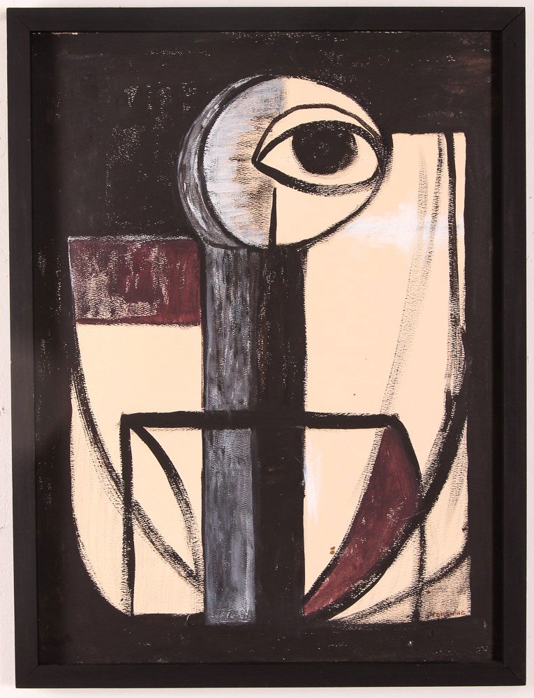 Louise Pershing Abstract Ocular Painting on paper: Pershing, Louise (Western PA., American, 1904 - 1986), "Untitled" circa late 1950s, gouache on Paper, (abstracted geometric painting with surreal elements), 23.25 x 17.25 inches, signed lower right co