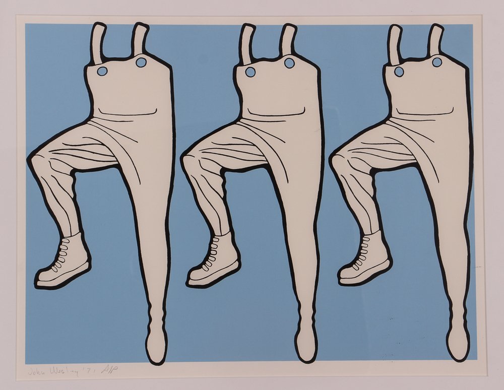 John Wesley serigraph "What's Going on in the Halls?": Wesley, John (American, born 1928 ) "What's Going on in the Halls?" , 1972, serigraph printed in colors, 12 h x 16 w inches image, Signed, dated and numbered to lower left margin 'John Wesley 71 A/P,