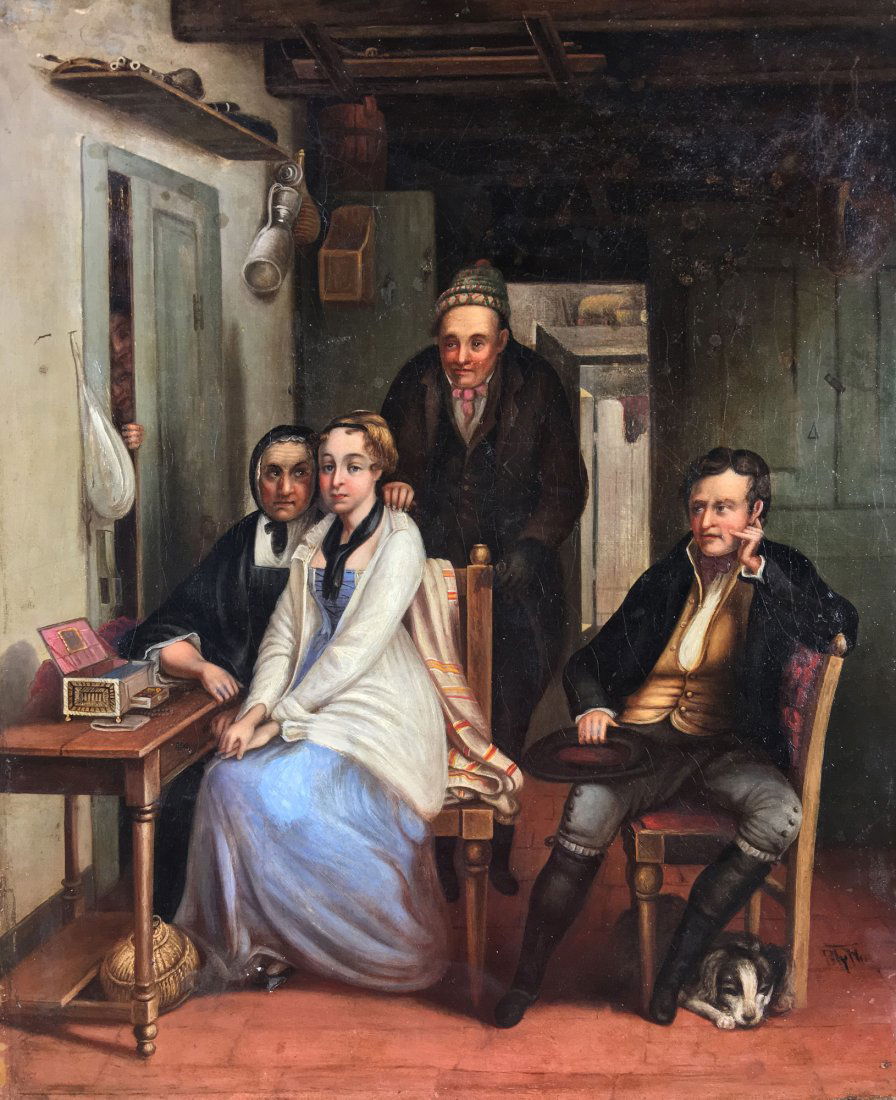 Attrib. David Gilmour Blythe The Dowry Ptg: Blythe, Attributed to David Gilmour (American/Western PA, 1815-1865); The Dowry, oil on canvas (relined), 27 x 22 inches, signed lower right, framed in a carved gilded frame