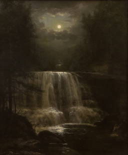 Rare George Hetzel 1887 nocturnal Painting " Moonlight: Hetzel, George (German/American, Western PA., 1826 - 1899), Moonlight Waterfall, "128" (very rare nocturnal landscape), Oil on canvas, 30 x 25 inches, signed & dated 1887 lower left, black wood frame,