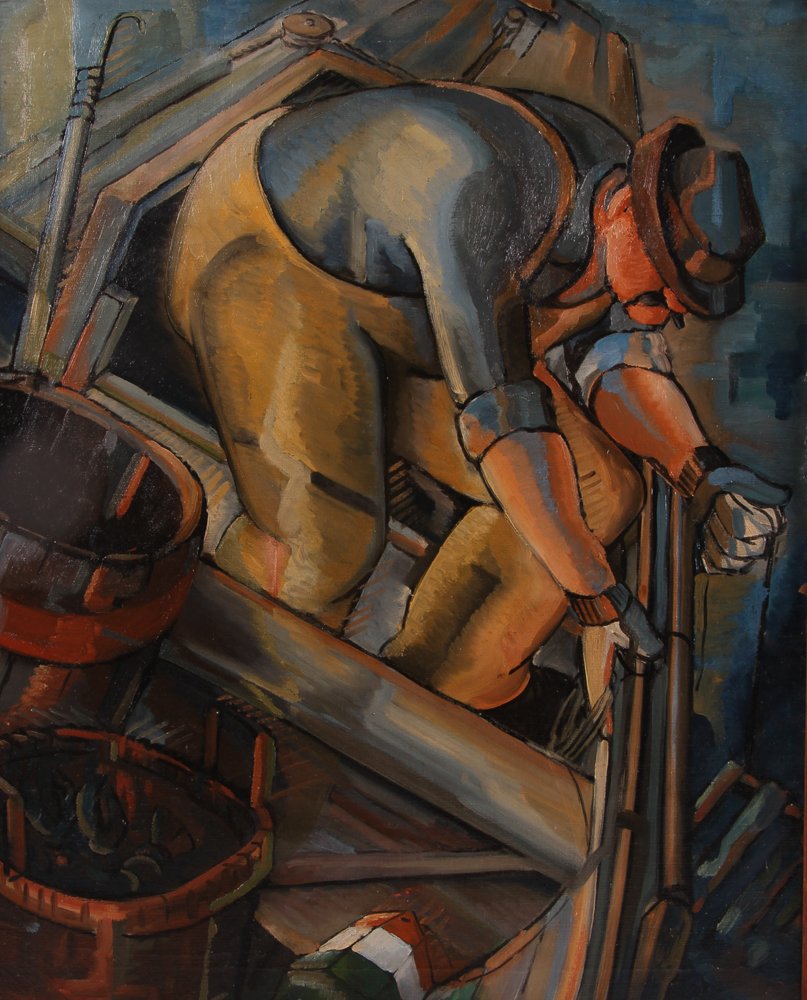 Thomas Lias 1938 painting Cubist Fisherman: Lias, Thomas R. (American, Western Pa. 1903 - 1960), Cubist Fisherman, 1938, oil on canvas, 30 x 24 inches, signed T. Ralph Lias 1938 lower right, framed in a flat panel wood frame measuring 35.5 x 29