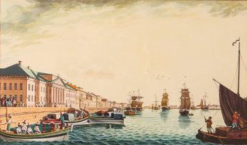 Two Russian Antique Style Watercolors: 20th Century watercolors, Two, of St Petersburg, Russian, contemporary but in the antique style, the image being 8 by 13 inches in a gold leaf frame being 22 by 17 inches.