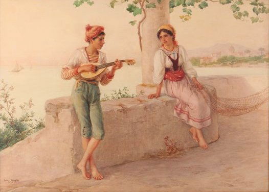 Luigi Olivetti Young Italian Couple Serenade watercolor (1 of 9)