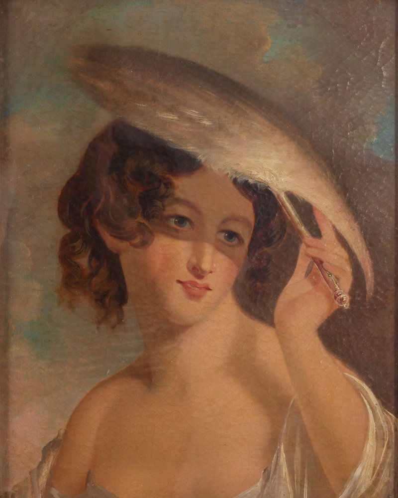 Thomas Sully painting "Sunshine" Beautiful Young Woman: Sully, Thomas (American 1783 - 1872), Sunshine, (Beautiful Young Woman Shielding Her Eyes with a Feather Fan" oil on canvas, seemingly unsigned, 20.25 x 16.25 inches, Provenance: Wunderly Gallery Fine