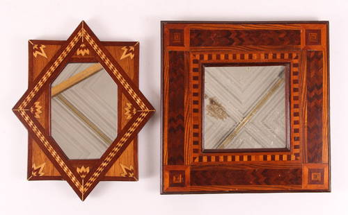 2 Good Folk Art Inlaid Wood Mirrors: One in a Star Form the other square, both with geometric inlaid woods, square mirror has an extensive herringbone decoration, 12 x 9.5 inches (star shaped) and 11.75 x 11.5 inches (square)