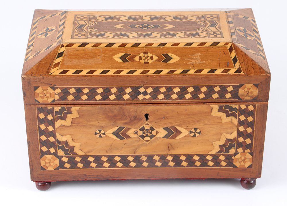 Folk Art Marquetry inlaid Jewelry Box: Jewelry Box with fitted top drawer and ball feet, 7 x 10 x 6 inches