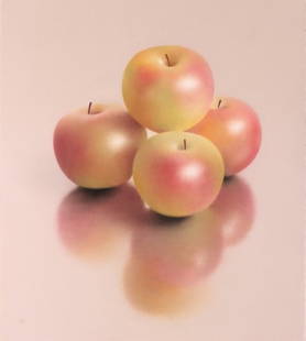 Robert Peterson Apples Pastel: Peterson, Robert (American, 1943-2011), pastel on paper of apples, image measuring 22 by 22 inches, matted and framed in a gold leaf frame measuring 31 by 31 inches.