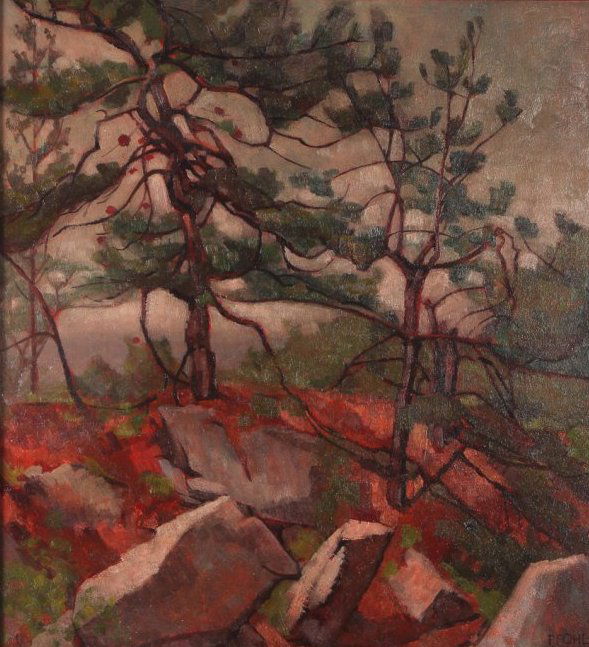 Jerry Pfohl oil "Pines and Rocks"  oil on board, 17 x (1 of 6)