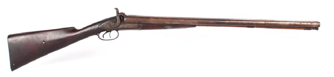 ANTIQUE 19TH CENTURY MUZZLE LOADING SBS SHOTGUN: ANTIQUE 19TH CENTURY MUZZLE LOADING SBS SHOTGUN Antique 19th Century side by side muzzle loading shotgun. No makers marks. Caliber / Gauge: 12 Barrel Length: 27 INCH Serial Number: NONE Condition: Mot
