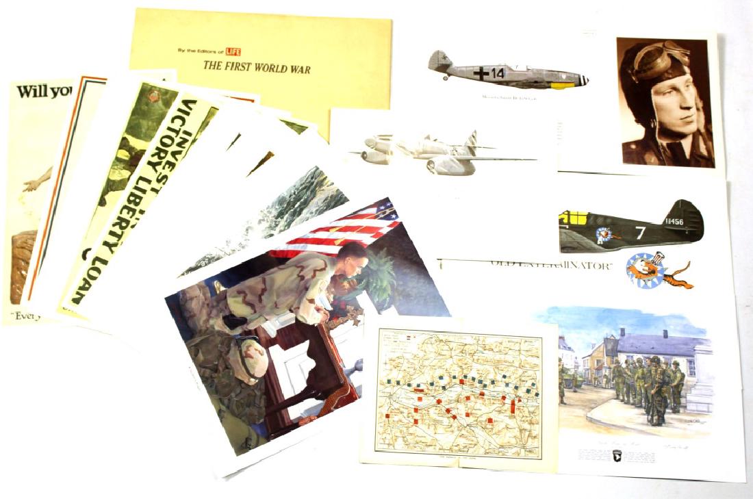 LARGE LOT OF MILITARY PRINTS: LARGE LOT OF MILITARY PRINTS "The First World War" portfolio by LIFE. Messerschmitt Bf-109 print and portrait signed by the Ace. Old Exterminator print signed by the artist and pilot.