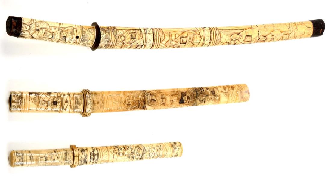 JAPANESE BONE SWORD AND KNIFE LOT OF 3: JAPANESE BONE SWORD AND KNIFE LOT OF 3 Blade Length: 9.25" Overall Length: 14.75"
